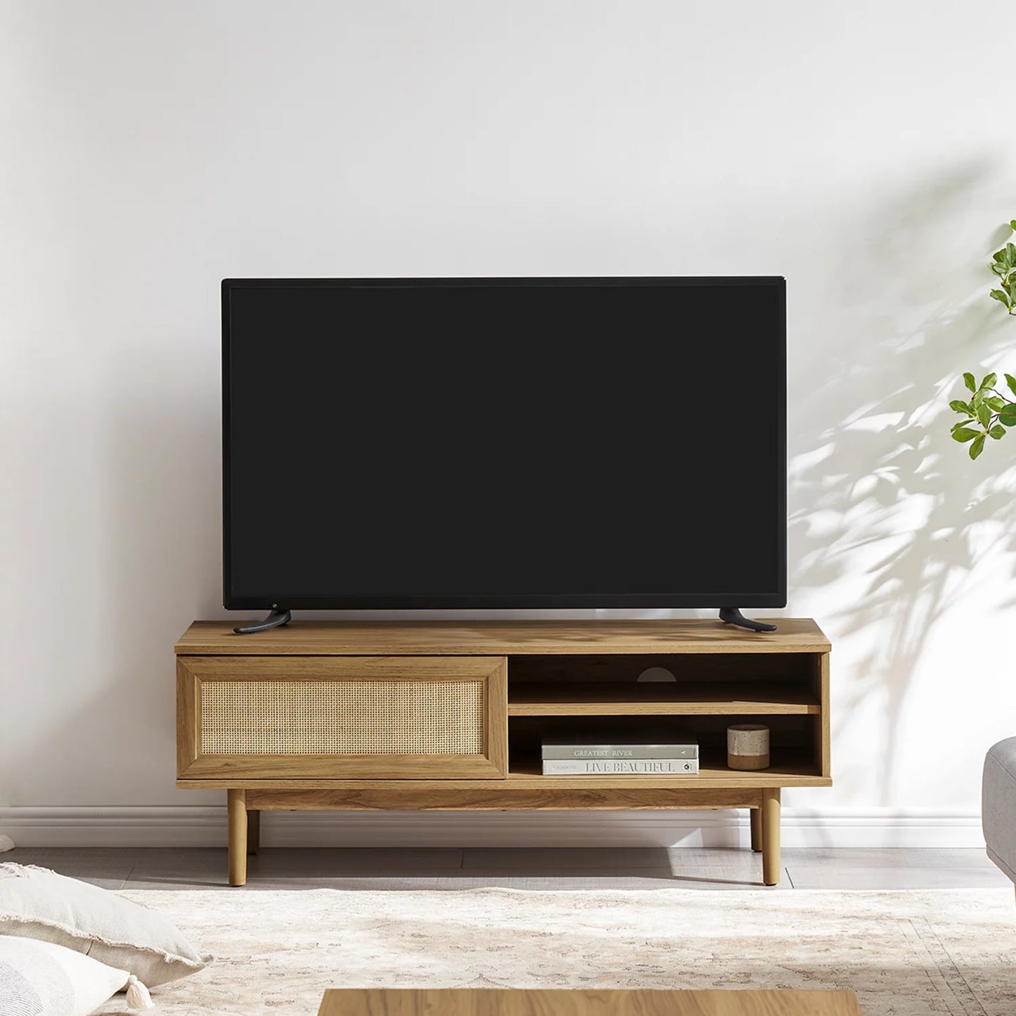 Mopio "Haylee" boho rattan 46in TV stand, oak