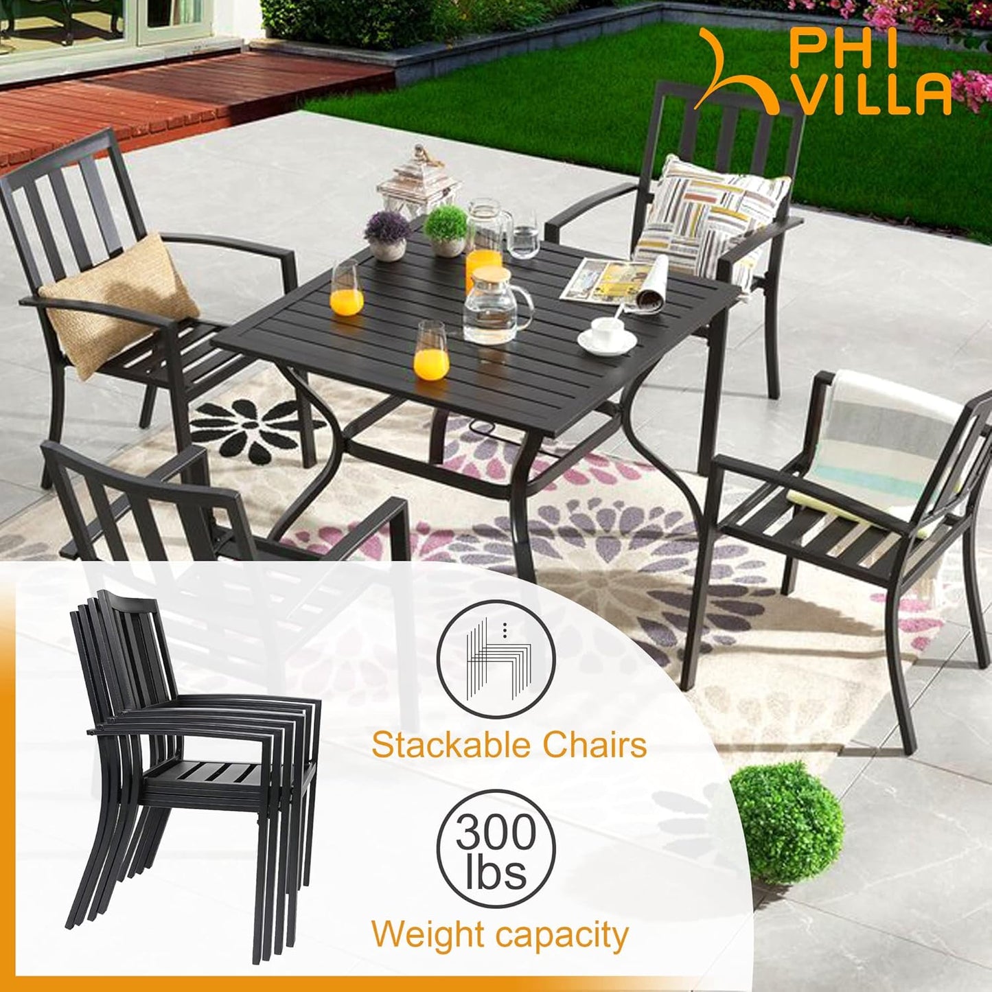 PHI VILLA 2 Pcs Patio Metal Dining Chairs, Outdoor Wroght Iron Seating Dining Chairs, Stackable Bistro Chair