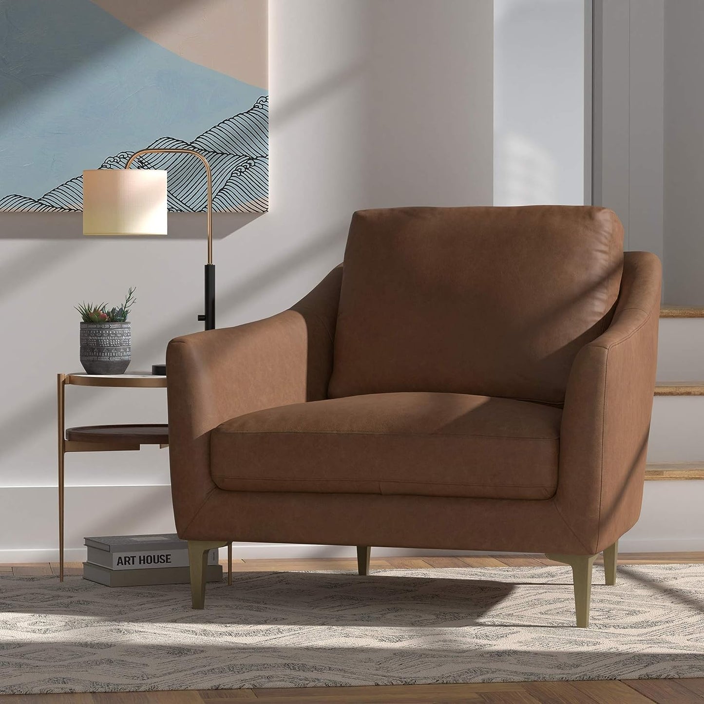 Brand Rivet Alonzo Contemporary Leather Living Room Cognac Leather Accent Chair