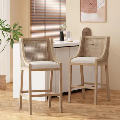 Set of Two Breck Rustic Fabric Upholstered Wood and Cane 30 inch