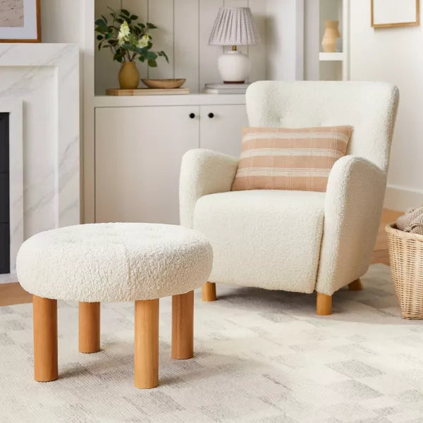 Kessler Round Tufted Faux Shearling Ottoman with Wood Legs Cream - Threshold designed with Studio McGee
