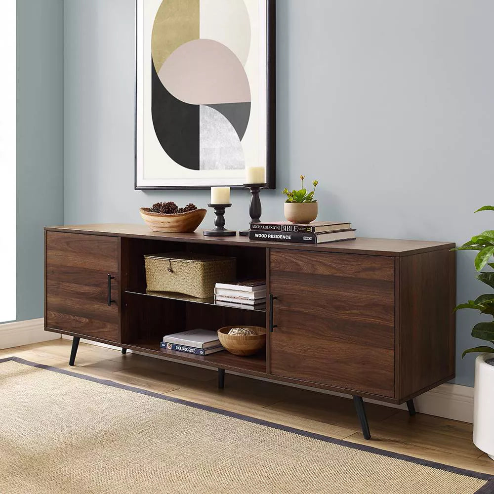 2 Door Mid-Century Modern Wood Storage TV Stand for TVs up to 80" Dark Walnut - Saracina Home
