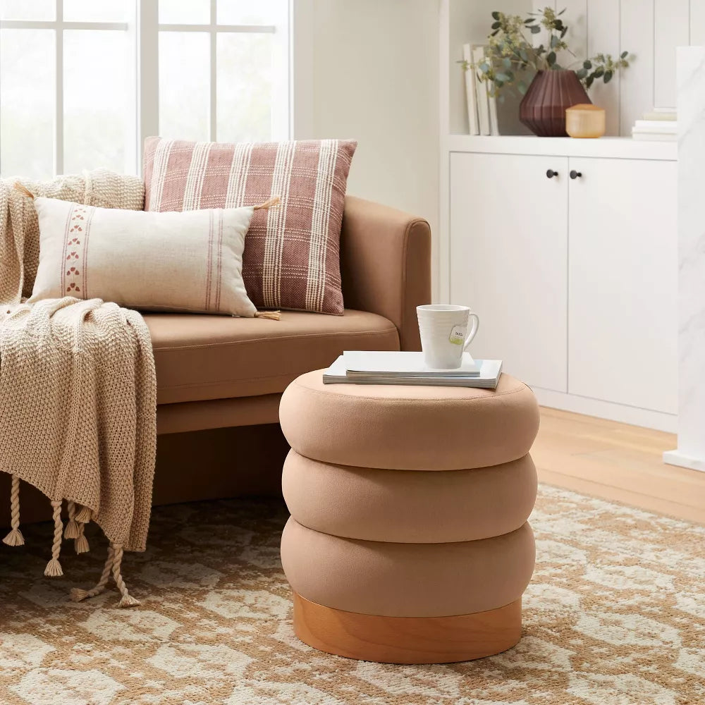Clarkdale Channel Tufted Ottoman with Wood Base Light Brown Velvet - Threshold designed with Studio McGee