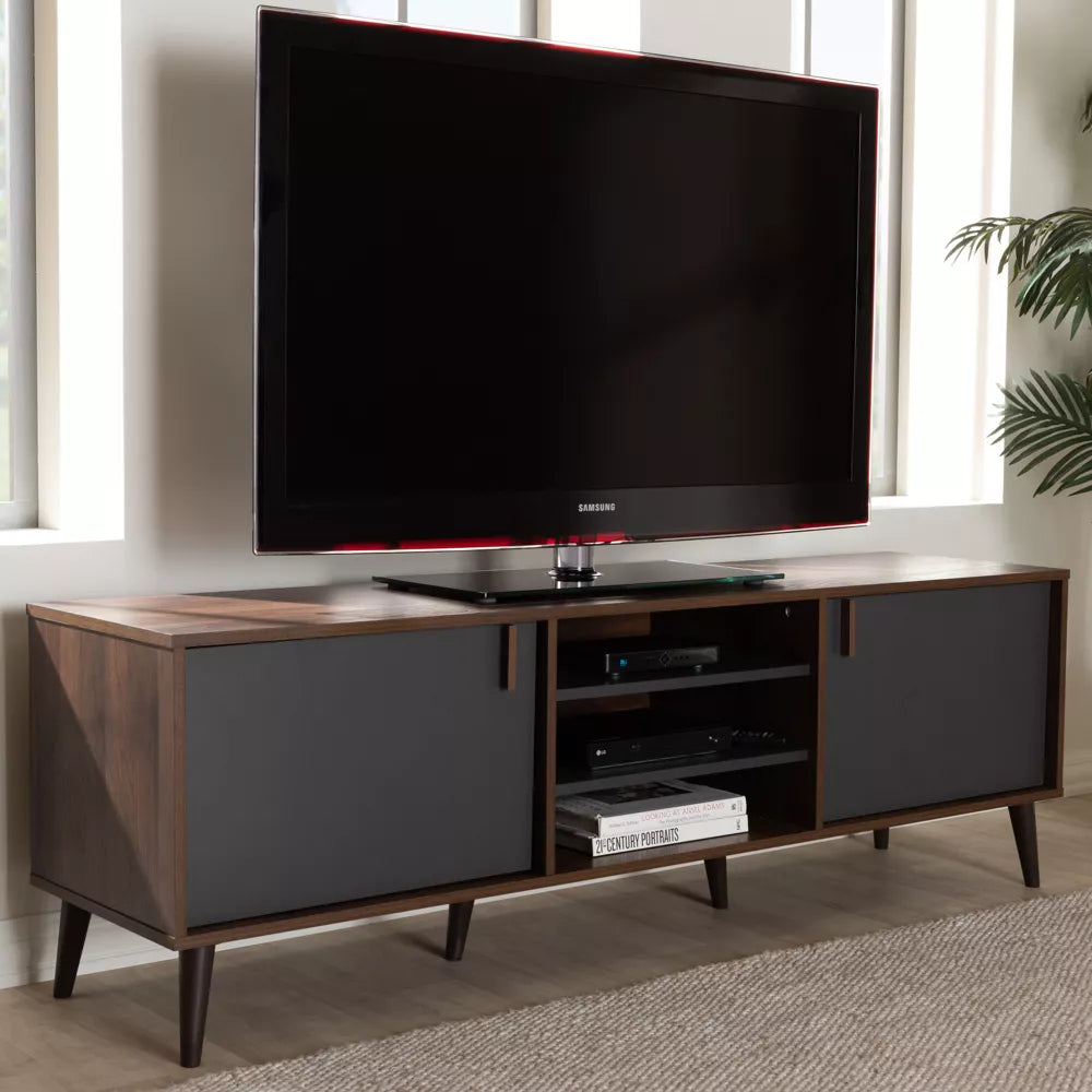Samuel Finished TV Stand for TVs up to 55" Walnut Brown/Dark Gray - Baxton Studio