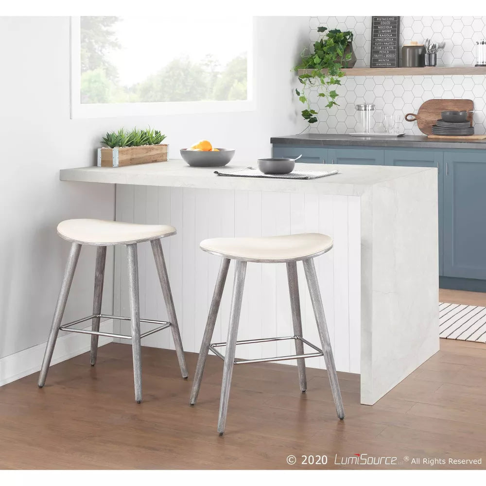 Set of 2 26" Saddle Counter Height Barstools with Faux Leather Gray/Cream - LumiSource