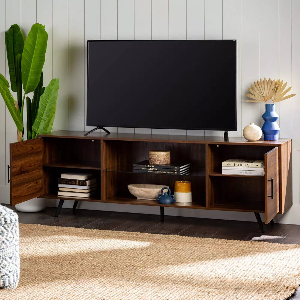 2 Door Mid-Century Modern Wood Storage TV Stand for TVs up to 80" Dark Walnut - Saracina Home
