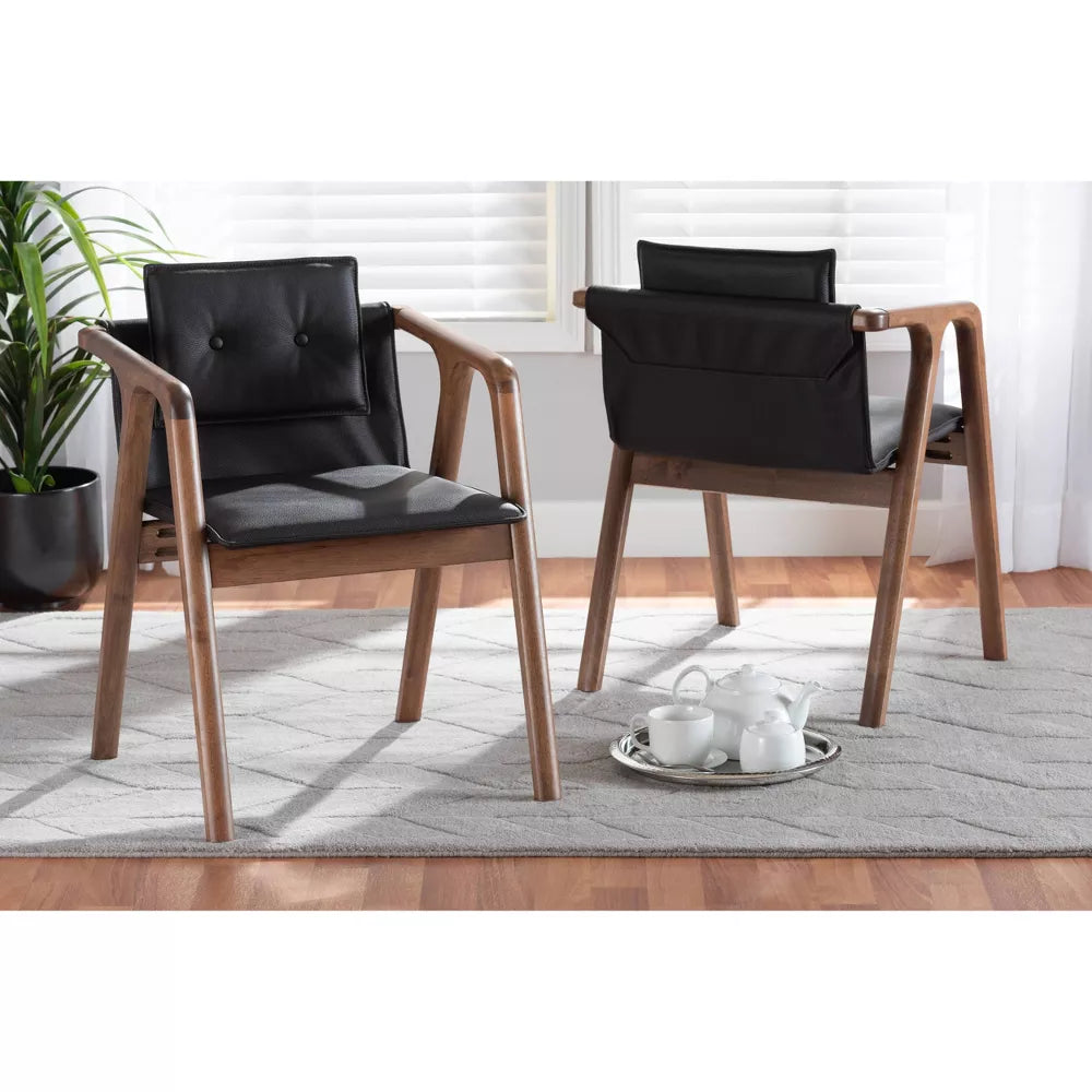 2pc Marcena Imitation Leather Upholstered and Wood Dining Chair Set Black/Walnut Brown- Baxton Studio