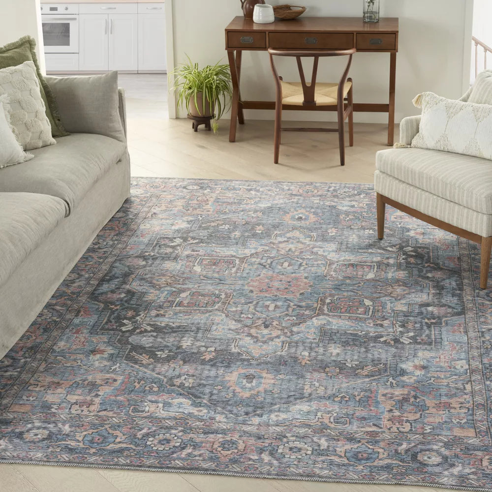 7x'10" x 9'10" Nicole Curtis Machine Washable Series 1 Vintage Indoor Area Rug Light Blue Multi