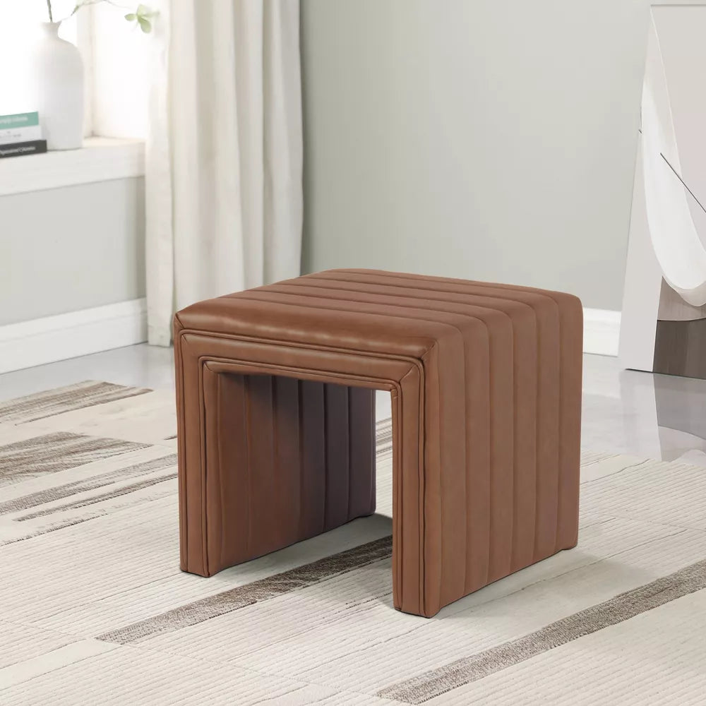 Modern Channel Ottoman Caramel Faux Leather - HomePop