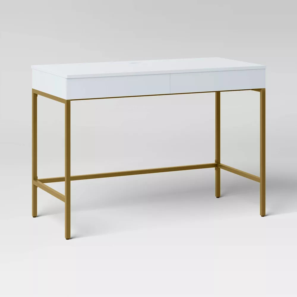 Loring Wood Writing Desk with Drawers and Charging Station White/Gold -Threshold