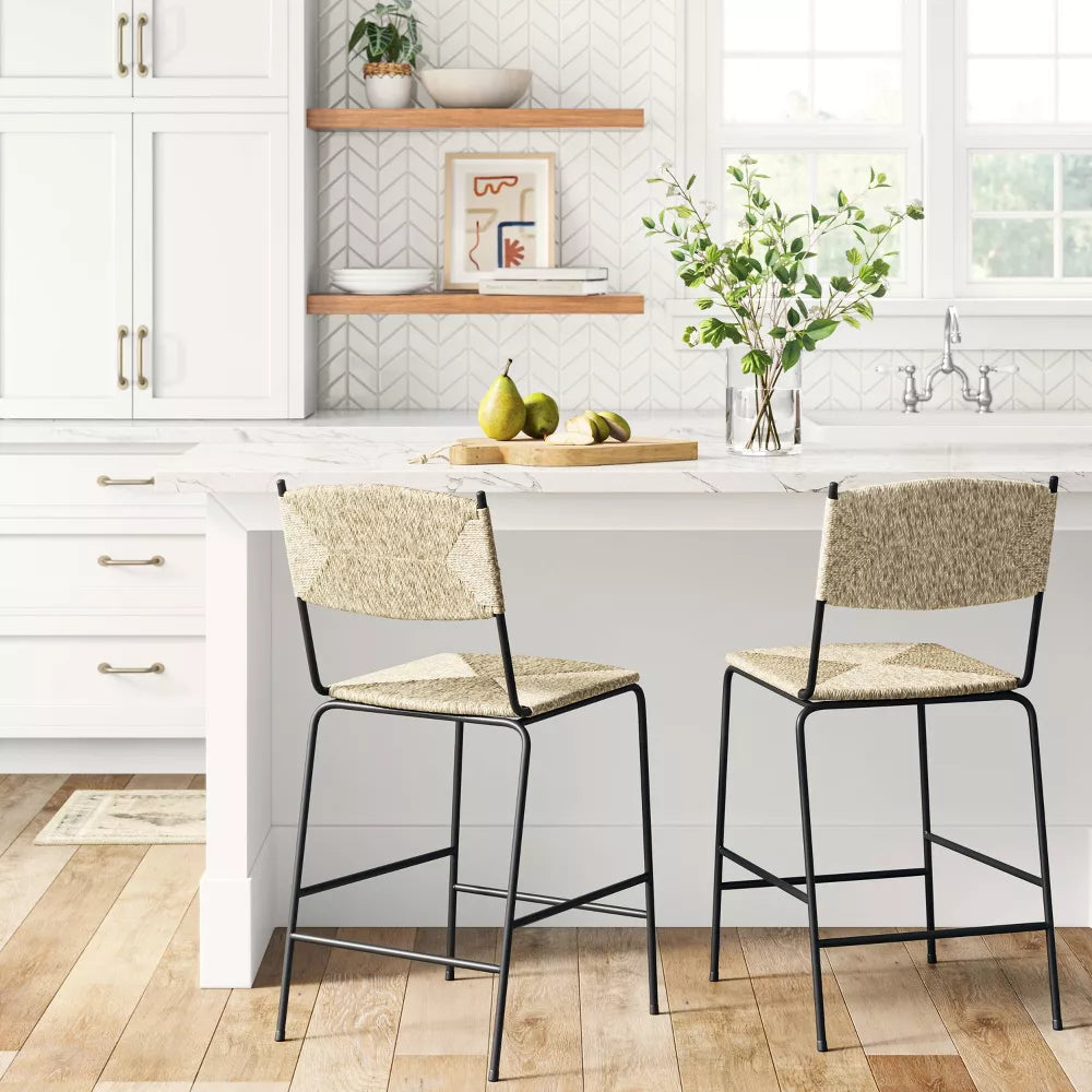Errol Cane and Wood Counter Height Barstool with Metal Legs Natural - Threshold
