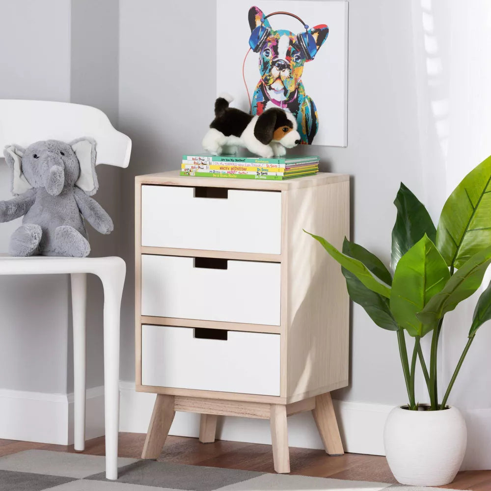 Halian Two-Tone Wood 3 Drawer Nightstand White/Light Brown - Baxton Studio