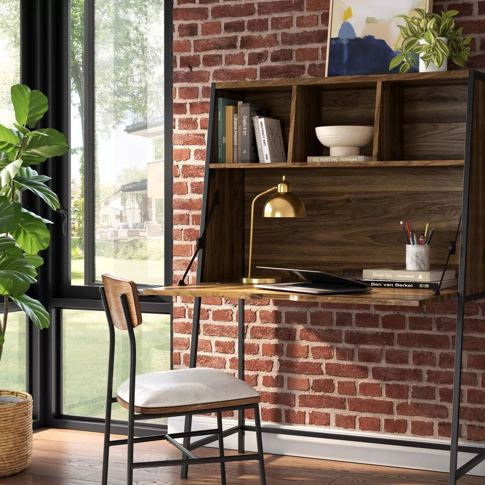 Loring Wood Secretary Desk with Hutch and Charging Station Walnut - Threshold