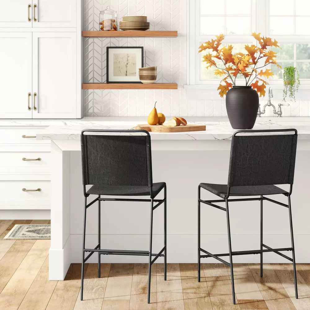 Ward Sling Metal Counter Height Barstool Black Faux Leather - Threshold