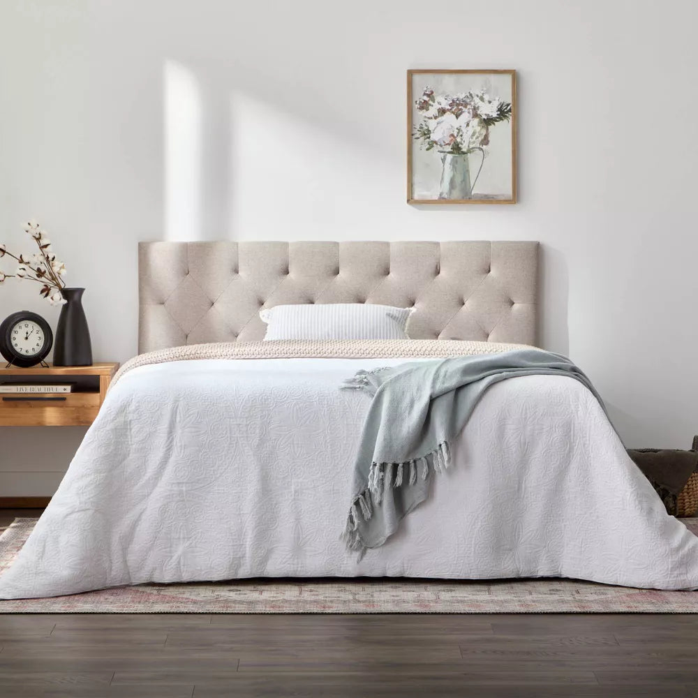 Full Emmie Adjustable Upholstered Headboard with Diamond Tufting Beige - Brookside Home