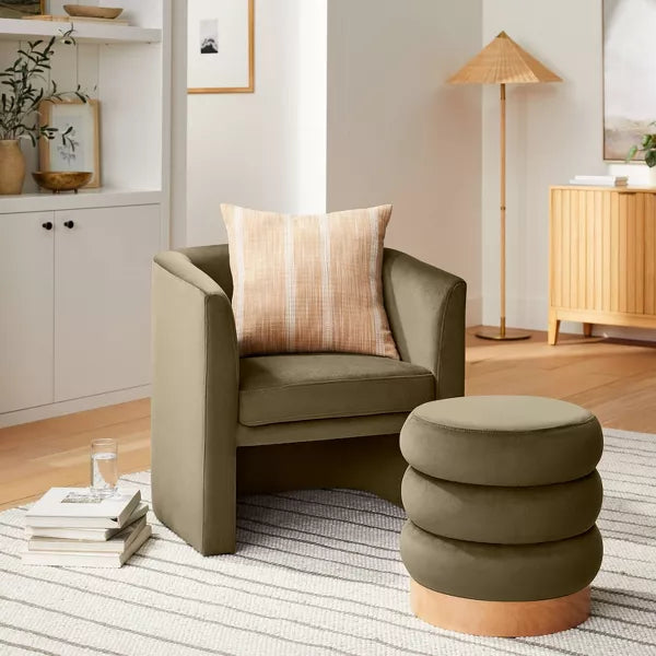 Clarkdale Channel Tufted Ottoman with Wood Base Olive Velvet- Threshold designed with Studio McGee