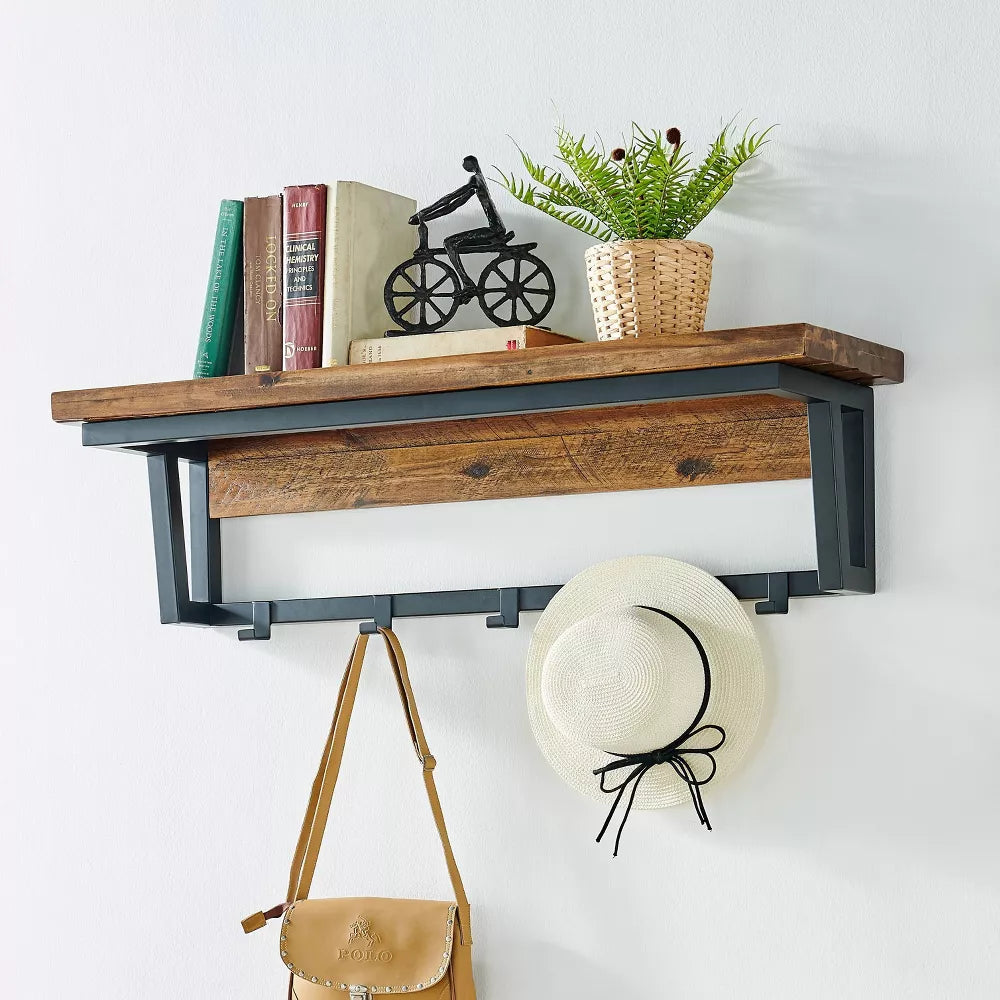 Claremont Rustic Wood Coat Hook with Shelf Dark Brown - Alaterre Furniture