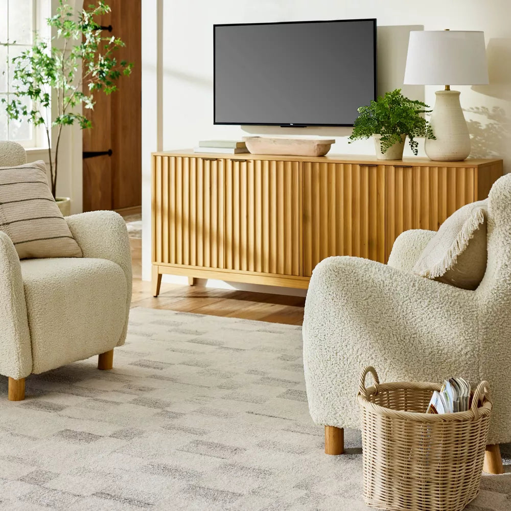 Thousand Oak Wood Scalloped TV Stand for TVs up to 70" Brown - Threshold designed with Studio McGee