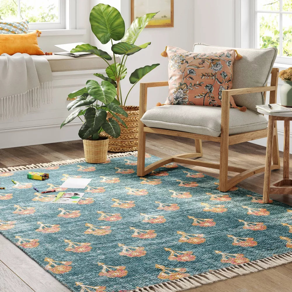 Floral Block Printed Blue Rug Blue 5x7 - Threshold™