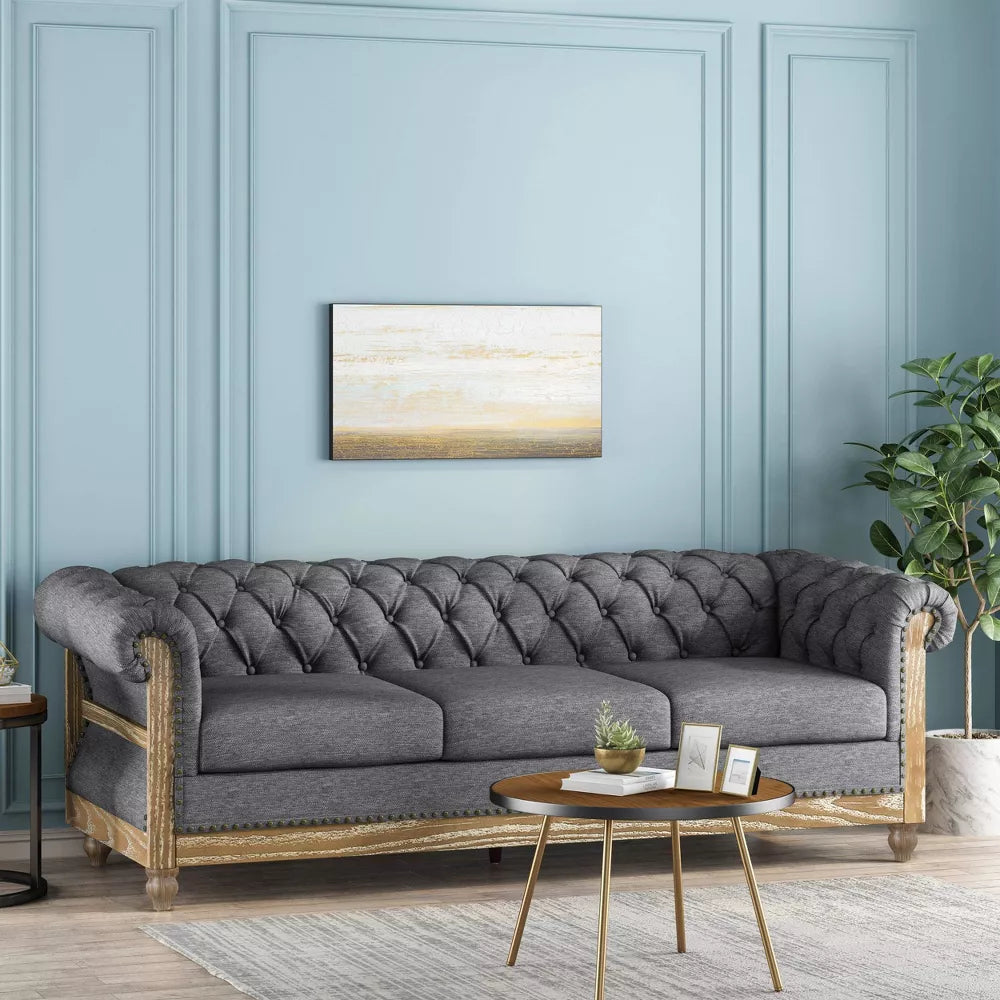 Saragus Chesterfield Tufted 3 Seater Sofa with Nailhead Trim Charcoal/Dark Brown - Christopher Knight HomeDAMAGED