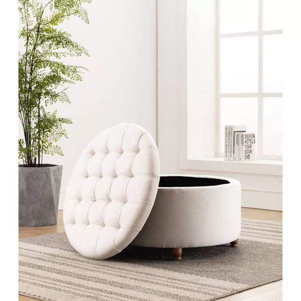 Large Round Tufted Storage Ottoman with Lift Off Lid - WOVENBYRD