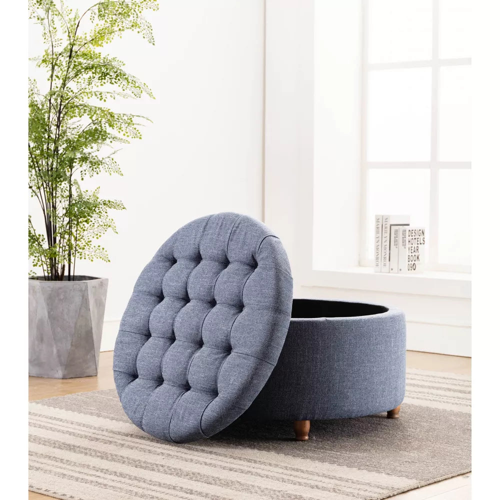 Large Round Tufted Storage Ottoman with Lift Off Lid Blue - WOVENBYRD