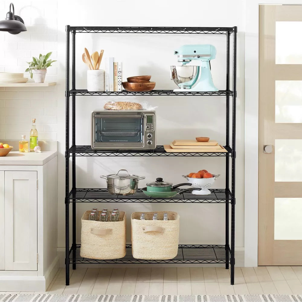 5 Tier Wide Wire Shelving Black - Brightroom