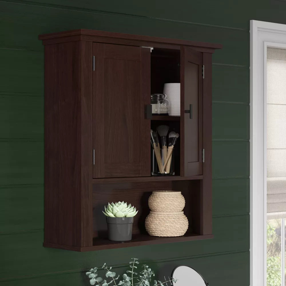 Hayward Two-Door Bathroom Storage Wall Cabinet Dark Woodgrain - RiverRidge Home