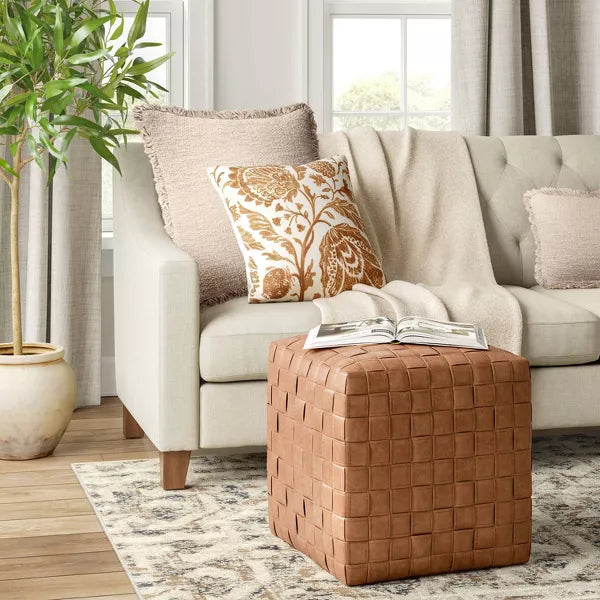 Wellford Faux Leather Woven Cube Brown - Threshold