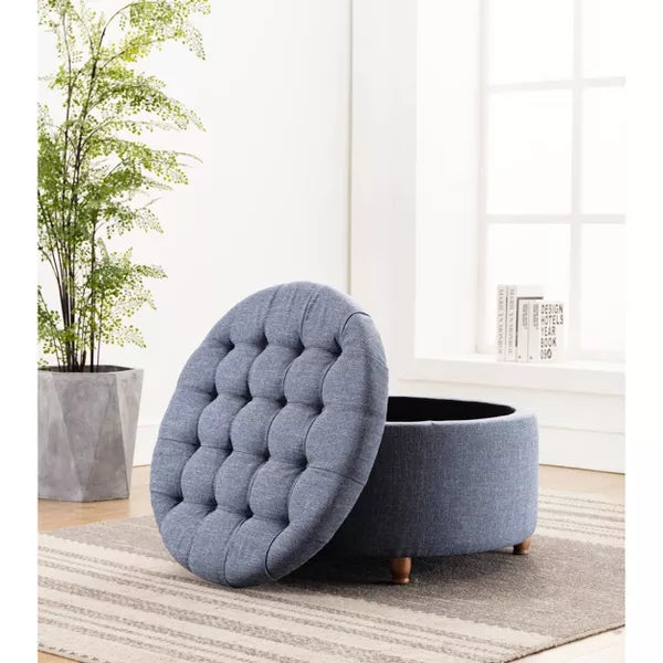 Large Round Tufted Storage Ottoman with Lift Off Lid Blue - WOVENBYRD
