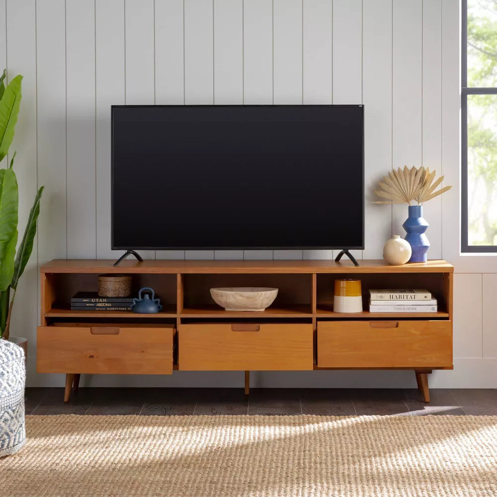 Cara 3 Drawer Mid-Century Modern 3 Drawer TV Stand for TVs up to 80" Caramel - Saracina Home