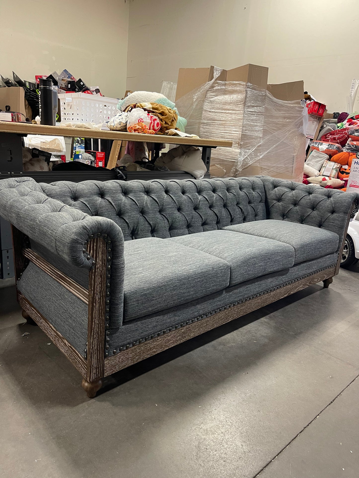 Saragus Chesterfield Tufted 3 Seater Sofa with Nailhead Trim Charcoal/Dark Brown - Christopher Knight HomeDAMAGED