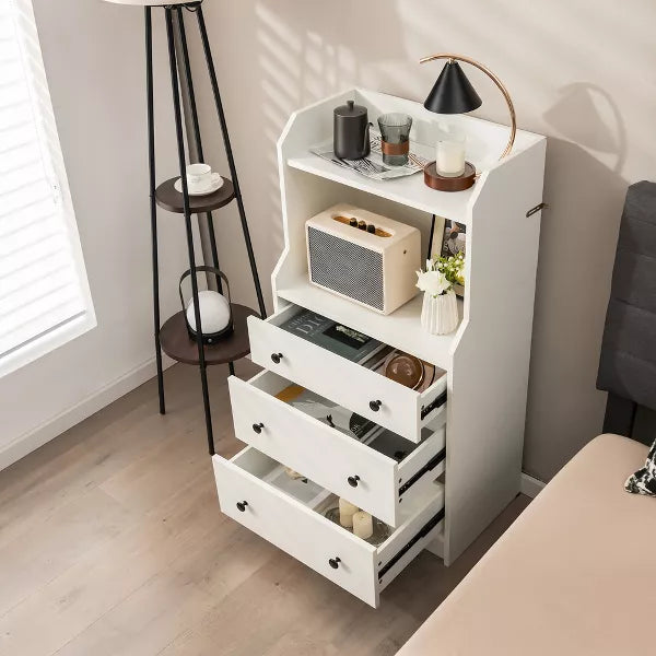 Tangkula 3-Drawer Dresser 44" Tall Wood Storage Organizer Chest w/ 2 Open Shelves White