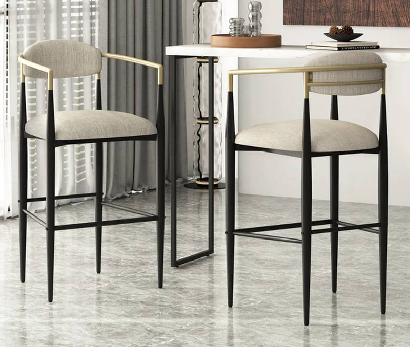 Elmore Modern Fabric Upholstered Iron 30 Inch Barstools (Set Of 2) - Beige, Black, And Gold