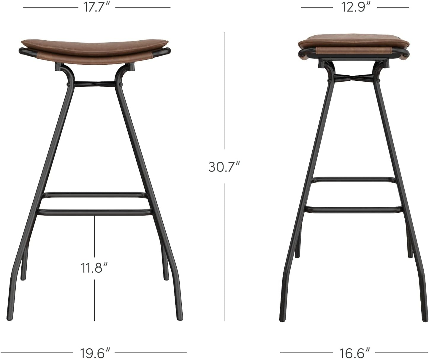 Dominique 30 Inch Industrial Backless Kitchen Bar Stool with Upholstered Leather Saddle Seat and Black Metal Base