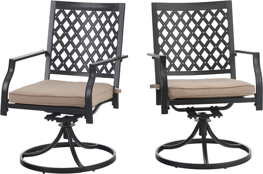 PHI VILLA Outdoor Metal Swivel Chairs Set of 2 Patio Dining Chair with Cushion Furniture Set for Garden Backyard Bistro, Small Grid, Black