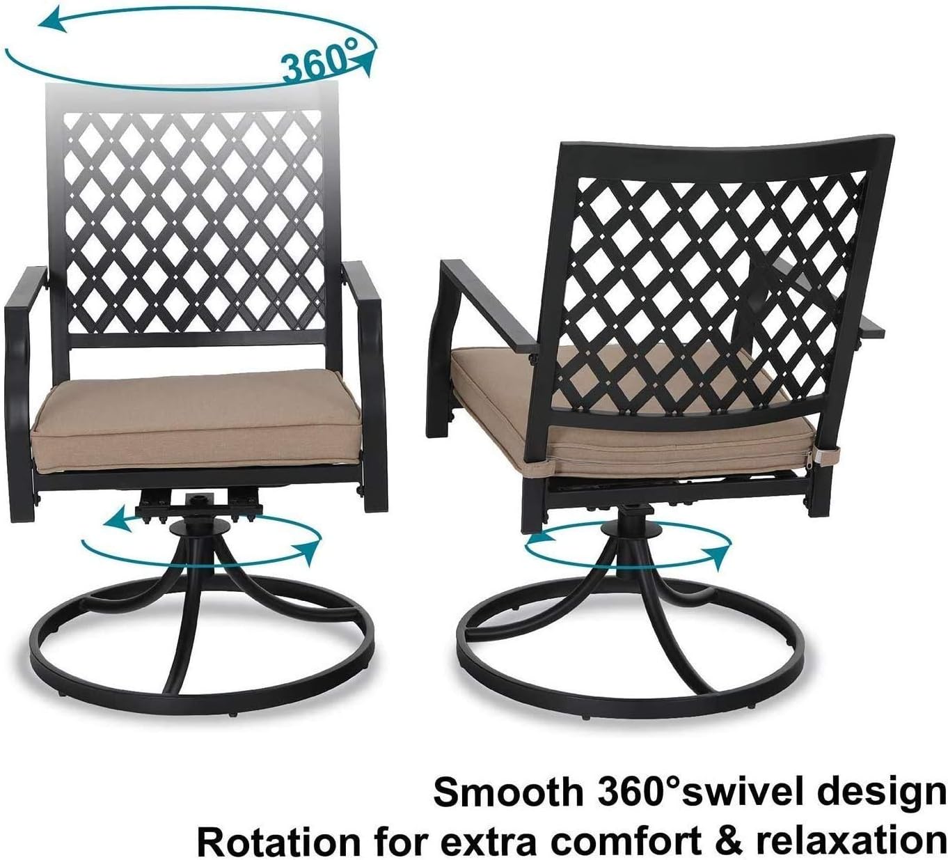 PHI VILLA Outdoor Metal Swivel Chairs Set of 2 Patio Dining Chair with Cushion Furniture Set for Garden Backyard Bistro, Small Grid, Black