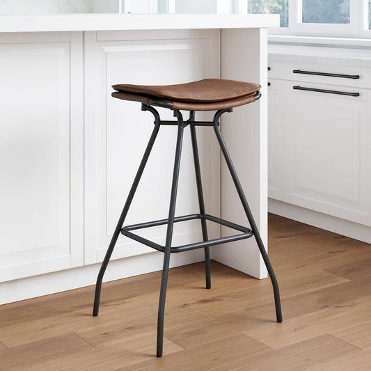 Dominique 30 Inch Industrial Backless Kitchen Bar Stool with Upholstered Leather Saddle Seat and Black Metal Base