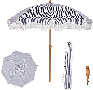 PHI VILLA 7ft Patio Umbrellas with Fringe, Outdoor Tilt Beach Umbrella Portable for Sand, UPF 50+ Canopy with 8 High Wind Proof Fiberglass Ribs and Carry Bag, Blue&White