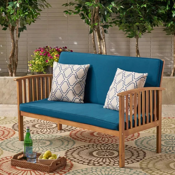 Carolina Acacia Wood Loveseat - Brown/Dark Teal - Christopher Knight Home: Weather-Resistant Patio Sofa with Cushions