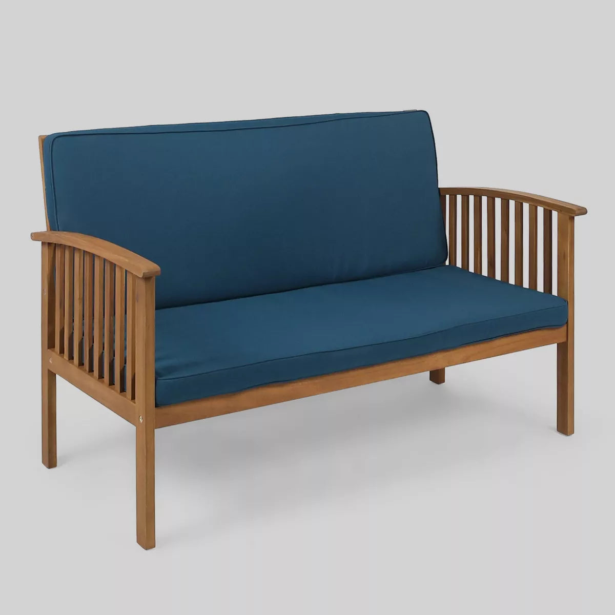 Carolina Acacia Wood Loveseat - Brown/Dark Teal - Christopher Knight Home: Weather-Resistant Patio Sofa with Cushions