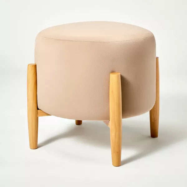 Elroy Round Velvet Ottoman with Wooden Legs - Threshold™ designed with Studio McGee (Light Brown)