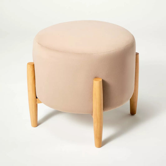 Elroy Round Velvet Ottoman with Wooden Legs - Threshold™ designed with Studio McGee (Light Brown)