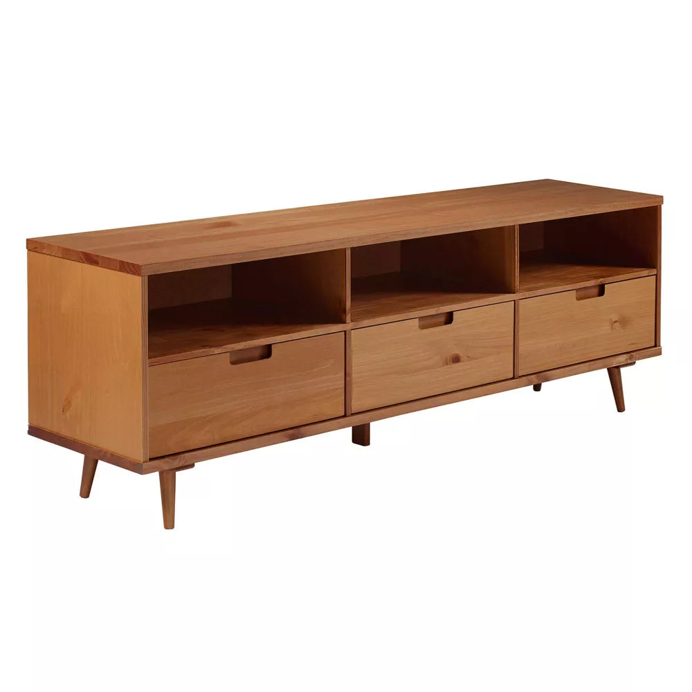 Cara 3 Drawer Mid-Century Modern 3 Drawer TV Stand for TVs up to 80" Caramel - Saracina Home