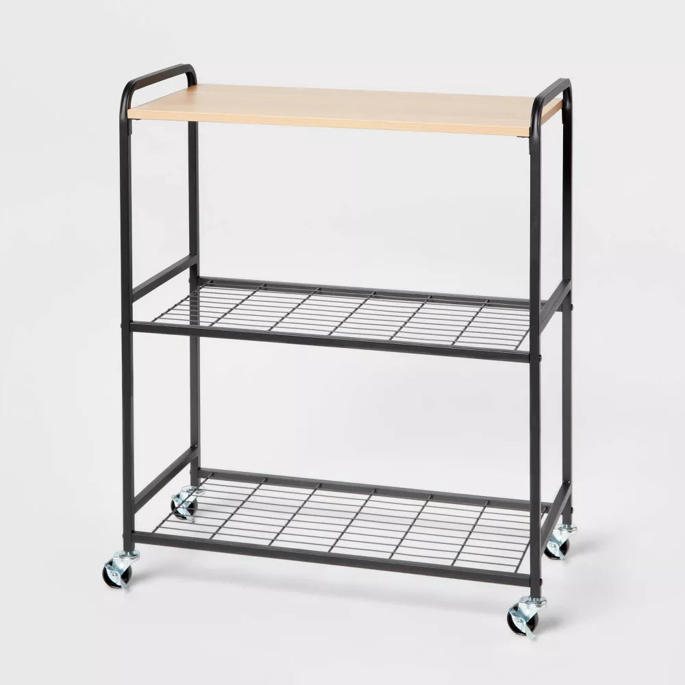 Storage Cart Black Metal with Natural Wood -Brightroom