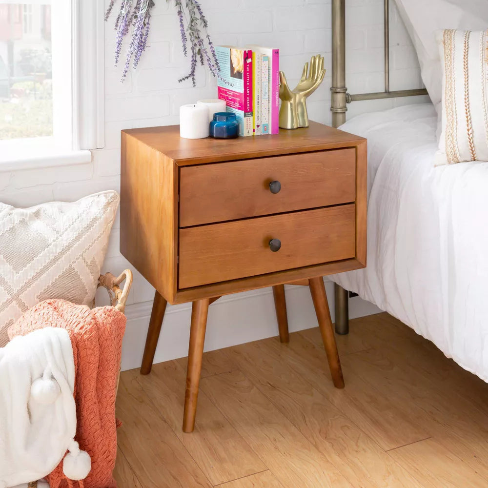 Greenberg 2 Drawer Mid-Century Modern Solid Wood Nightstand Caramel - Saracina Home