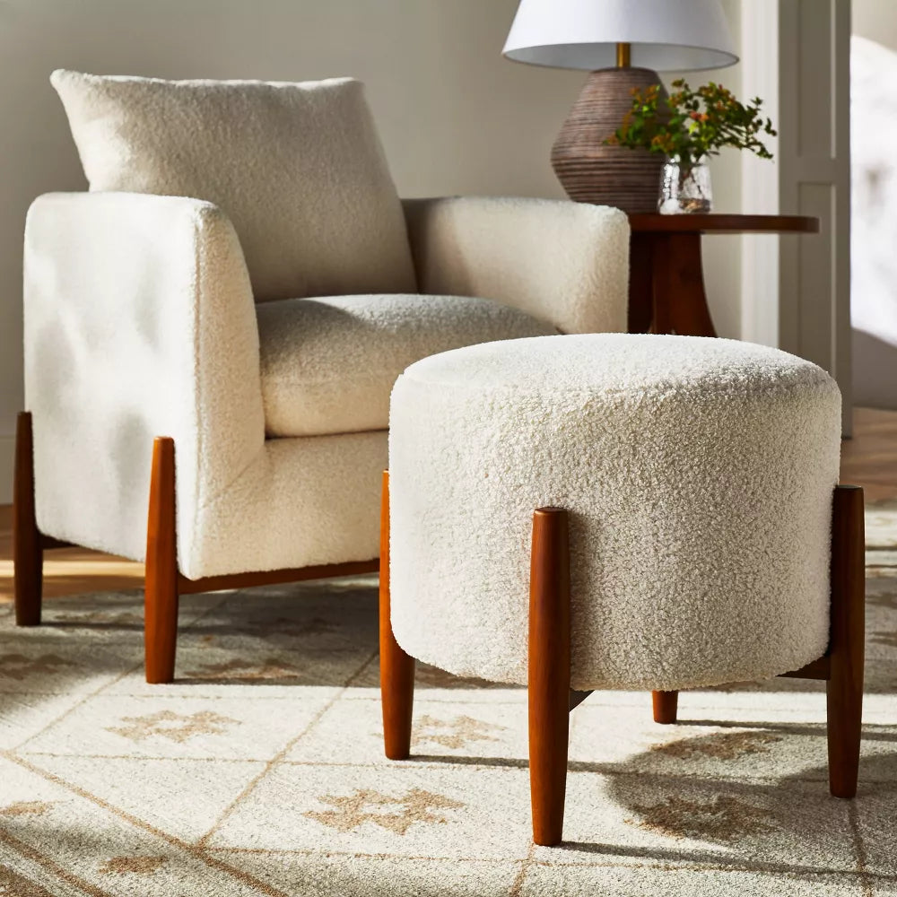 Elroy Faux Shearling Round Ottoman with Wood Legs Cream - Threshold designed with Studio McGee
