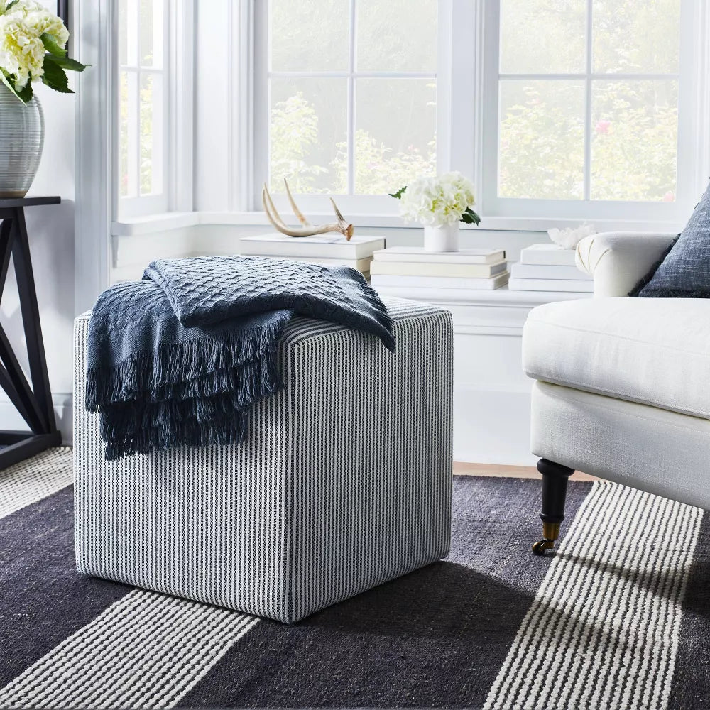Lynwood Square Upholstered Cube Ticking Navy Stripe - Threshold designed with Studio McGee