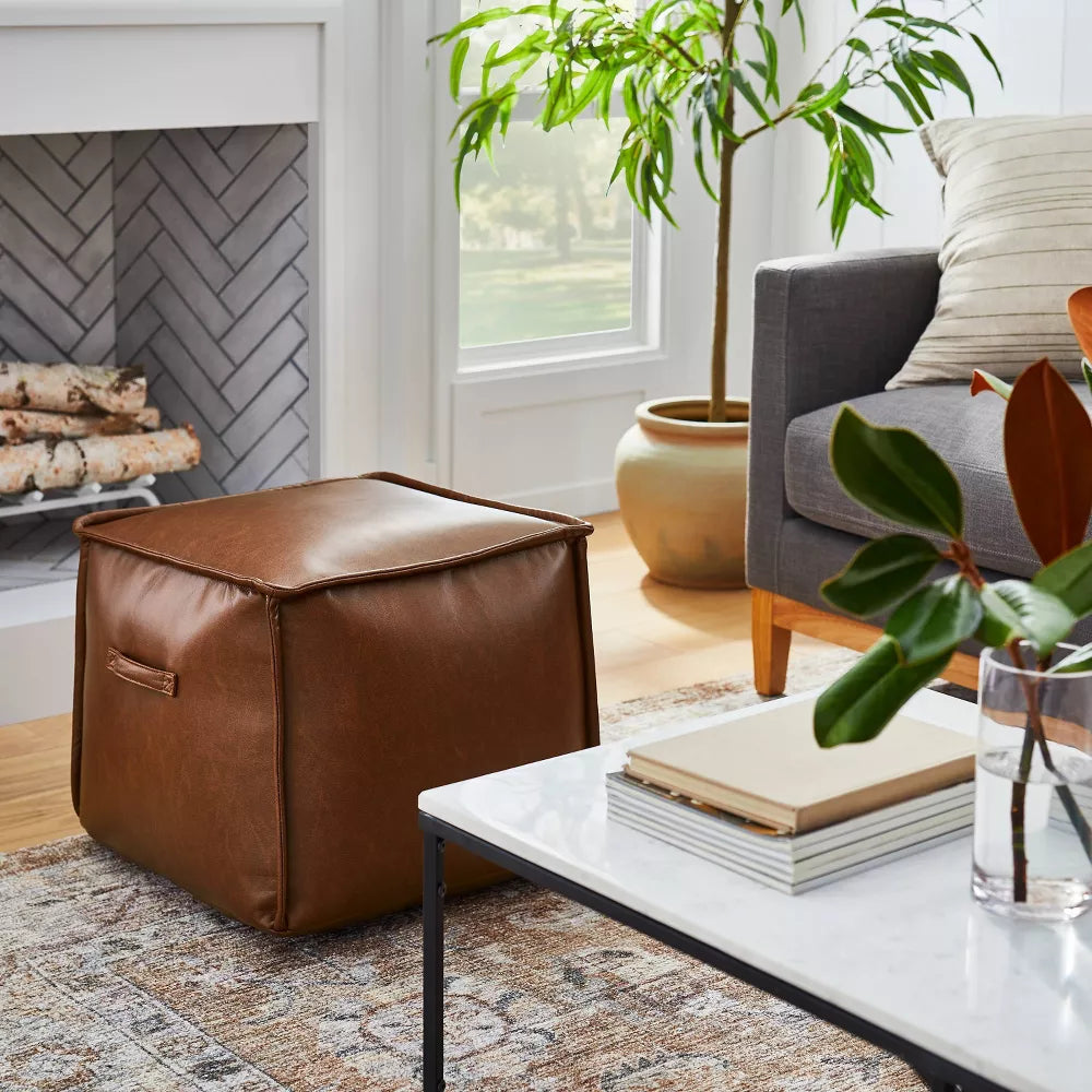 Evanston Leather Cube Pouf - Threshold designed with Studio McGee