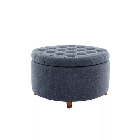 Large Round Tufted Storage Ottoman with Lift Off Lid Blue - WOVENBYRD